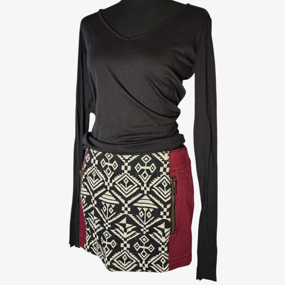Chaser Maroon and Black Aztec Panel Mini Skirt